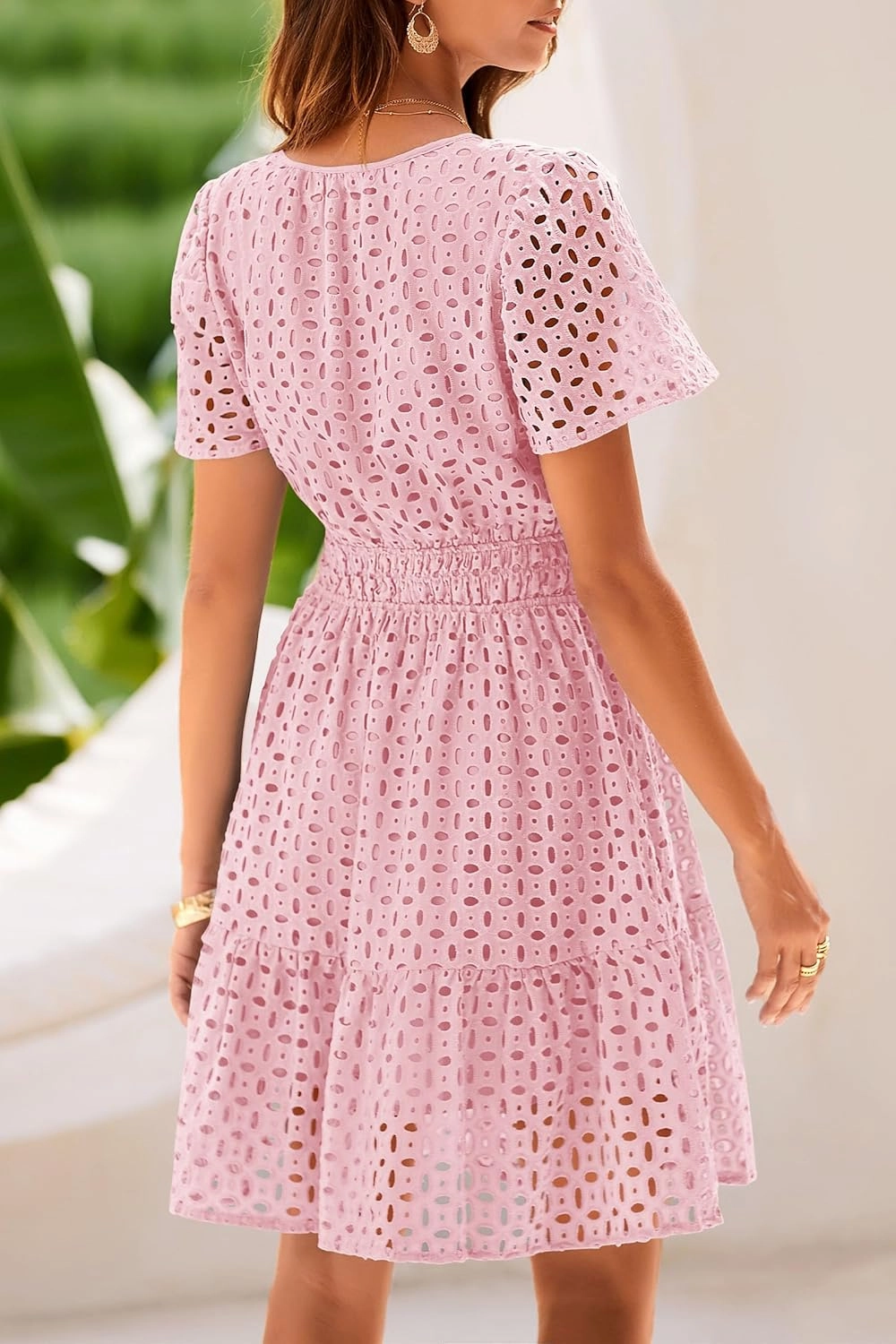 PRETTYGARDEN 2025 Women Summer Short Dress V Neck Short Sleeve A Line Hollow Out Lace Ruffle Cute Casual Beach Party Dresses