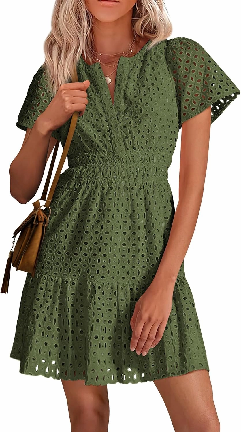 PRETTYGARDEN 2025 Women Summer Short Dress V Neck Short Sleeve A Line Hollow Out Lace Ruffle Cute Casual Beach Party Dresses