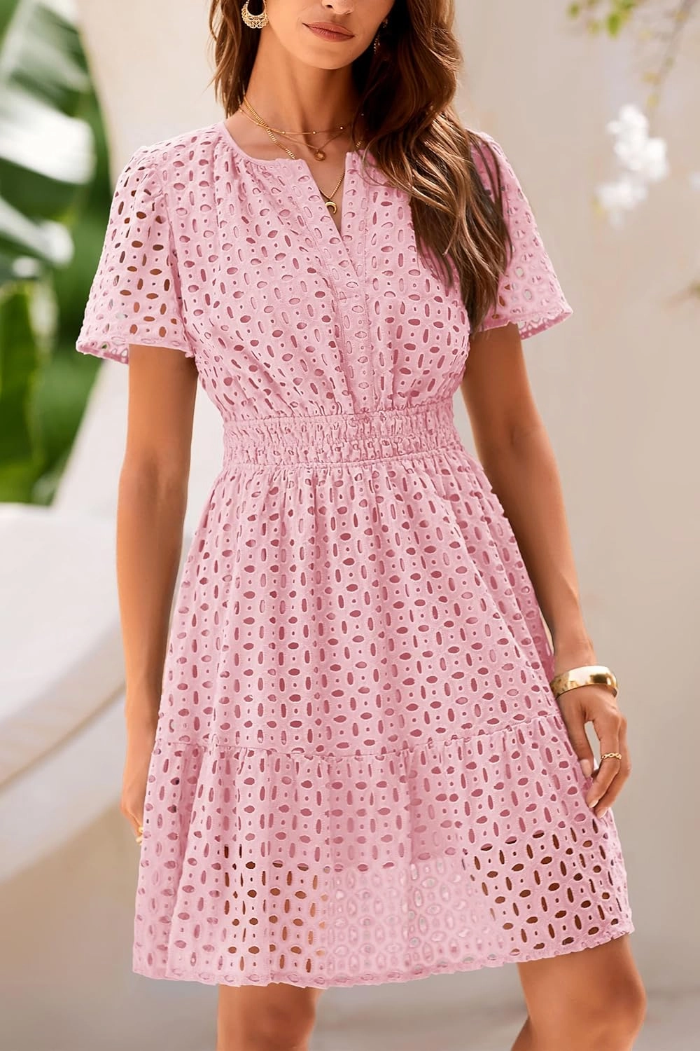 PRETTYGARDEN 2025 Women Summer Short Dress V Neck Short Sleeve A Line Hollow Out Lace Ruffle Cute Casual Beach Party Dresses