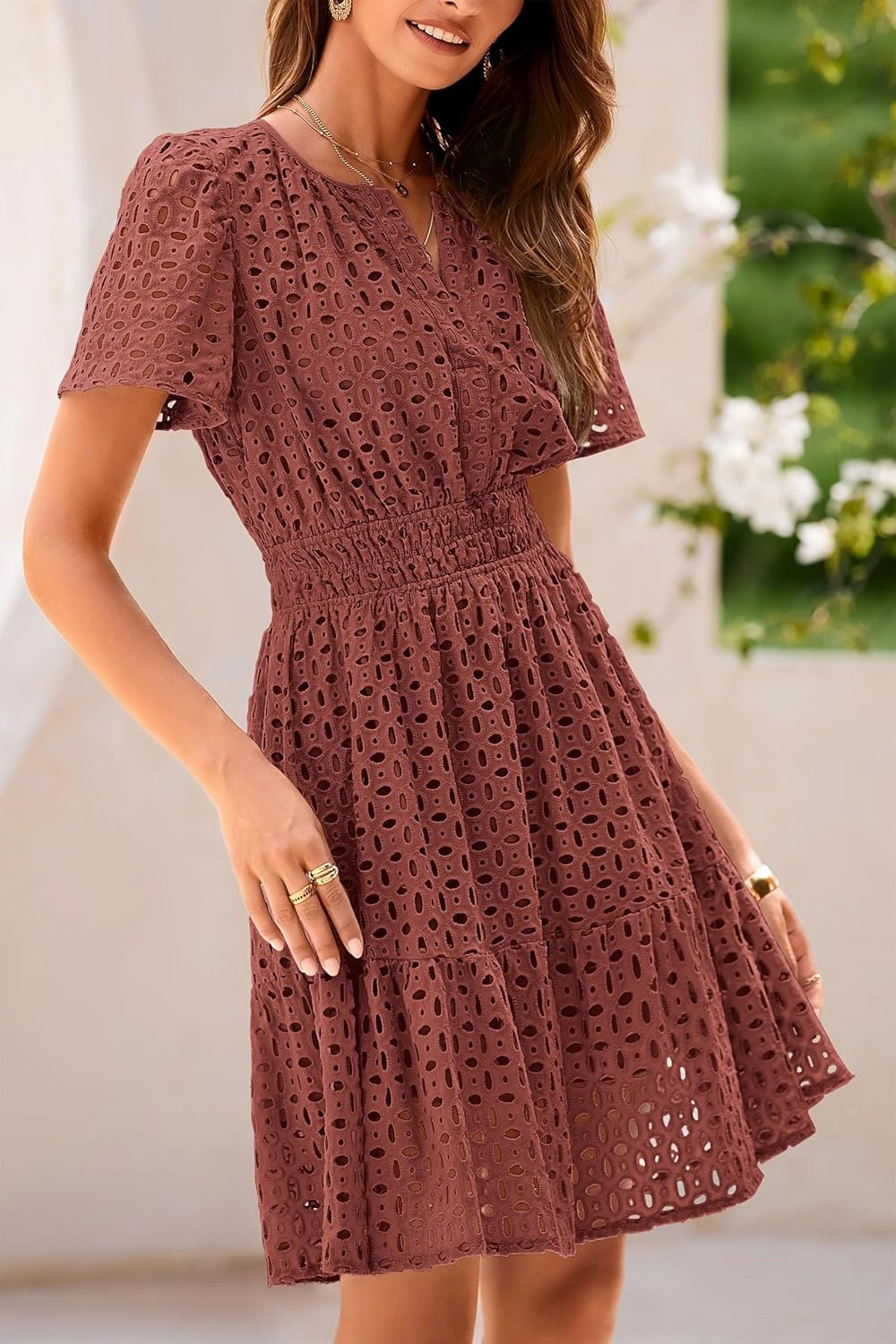 PRETTYGARDEN 2025 Women Summer Short Dress V Neck Short Sleeve A Line Hollow Out Lace Ruffle Cute Casual Beach Party Dresses