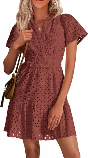 PRETTYGARDEN 2025 Women Summer Short Dress V Neck Short Sleeve A Line Hollow Out Lace Ruffle Cute Casual Beach Party Dresses