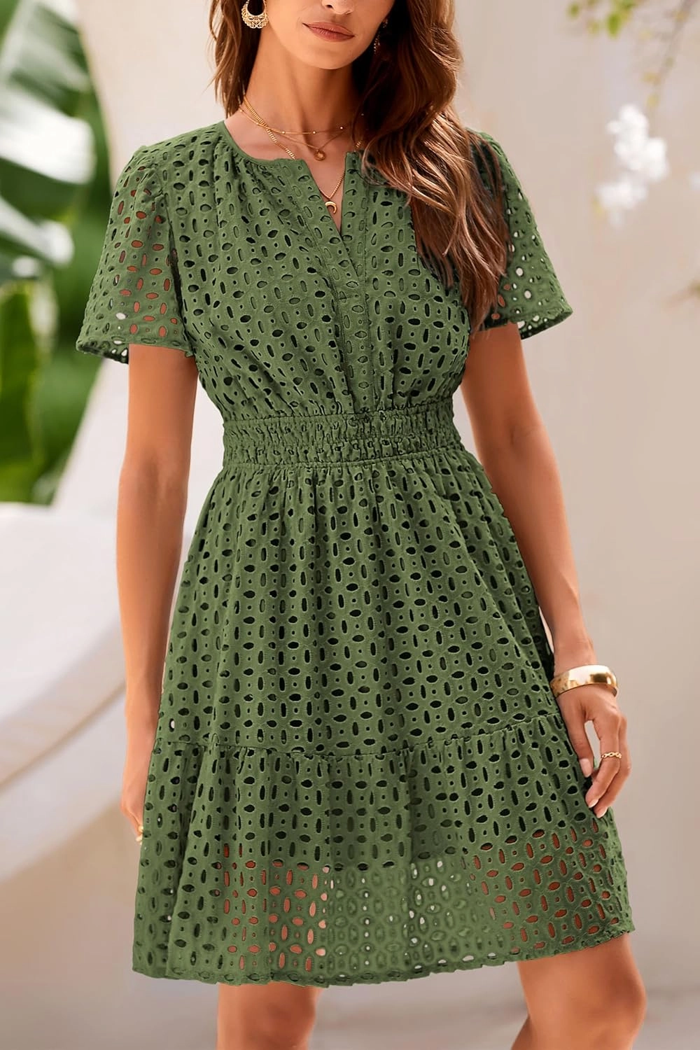 PRETTYGARDEN 2025 Women Summer Short Dress V Neck Short Sleeve A Line Hollow Out Lace Ruffle Cute Casual Beach Party Dresses