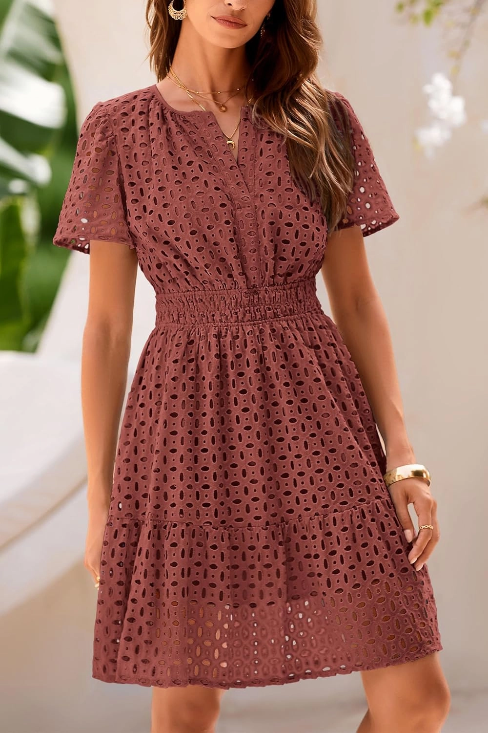 PRETTYGARDEN 2025 Women Summer Short Dress V Neck Short Sleeve A Line Hollow Out Lace Ruffle Cute Casual Beach Party Dresses