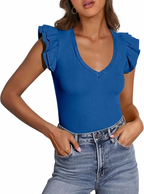 PRETTYGARDEN Womens V Neck Summer Tops Ruffle Sleeveless Slim Fit T Shirts Going Out Casual Blouses 2025