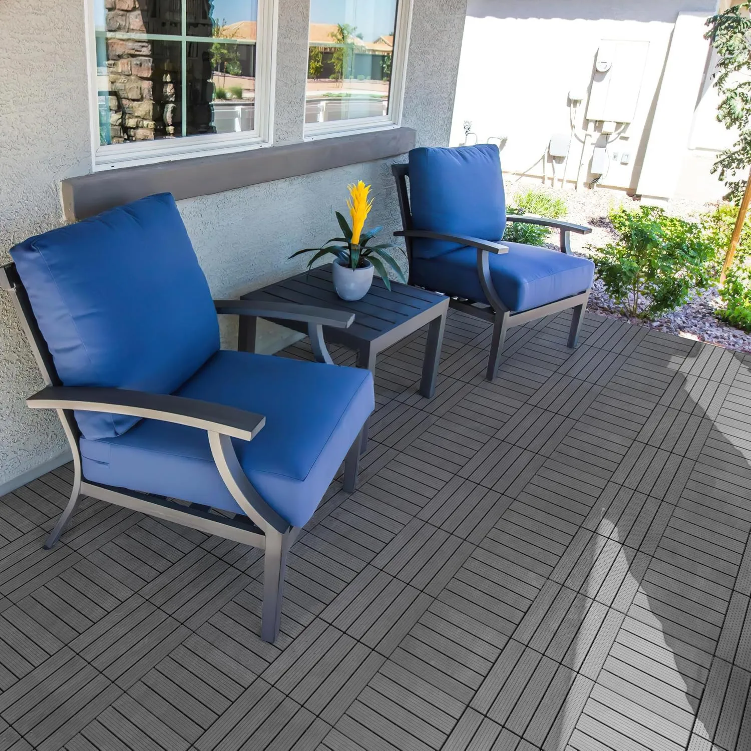 PrimeZone 9 PCS Plastic Interlocking Patio Deck Tiles - 12" x 12" Waterproof Indoor Outdoor Flooring, Patio Floor Decking for Balcony, Backyard, Garden & Poolside, All Weather Use, Grey