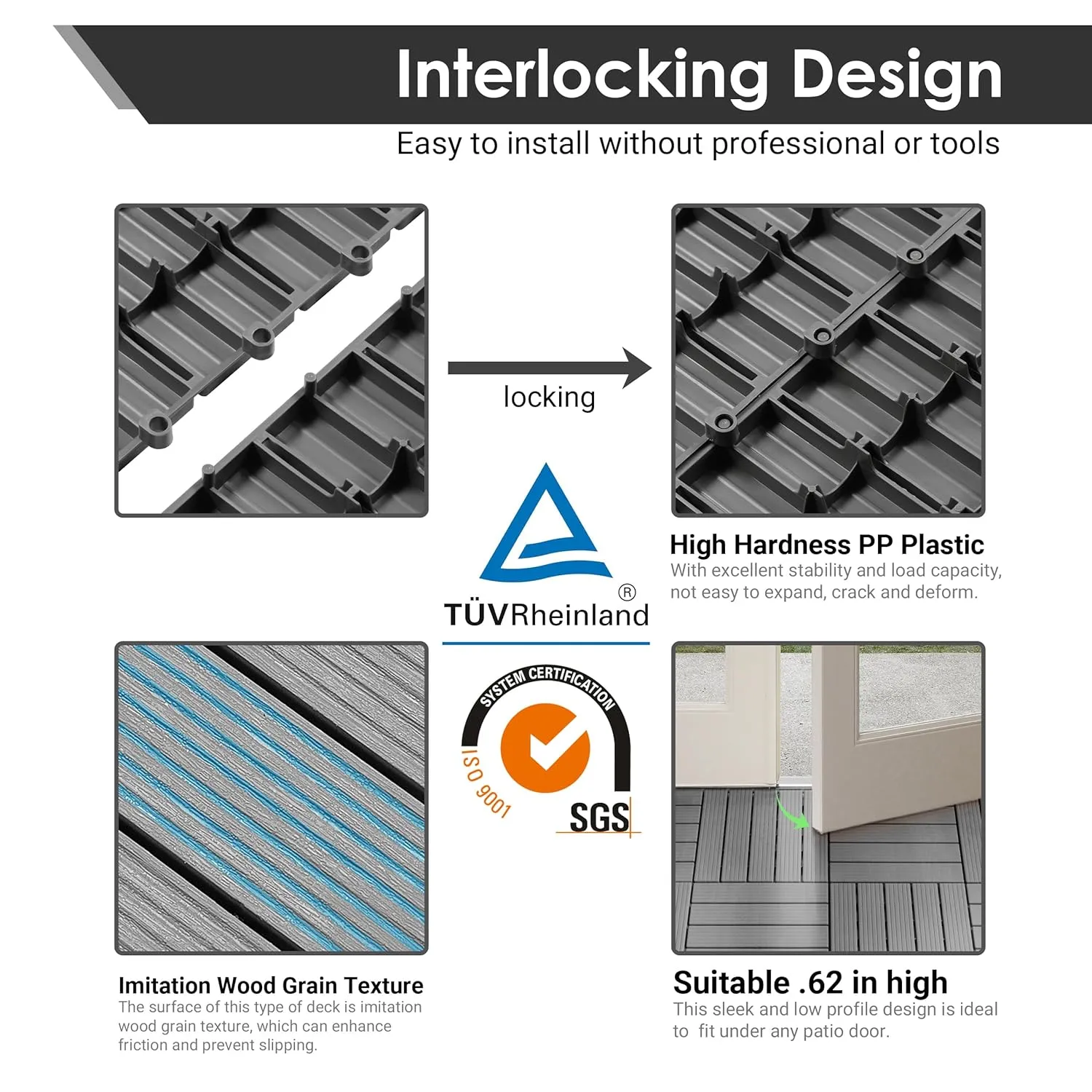 PrimeZone 9 PCS Plastic Interlocking Patio Deck Tiles - 12" x 12" Waterproof Indoor Outdoor Flooring, Patio Floor Decking for Balcony, Backyard, Garden & Poolside, All Weather Use, Grey
