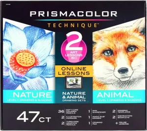 Prismacolor Technique, Art Supplies and Digital Art Lessons, Animal & Nature Drawing Set, Level 1, Learn to Draw with Colored Pencils, Graphite Pencils, and More, Fox & Flower Drawing, 47 Count Bundle