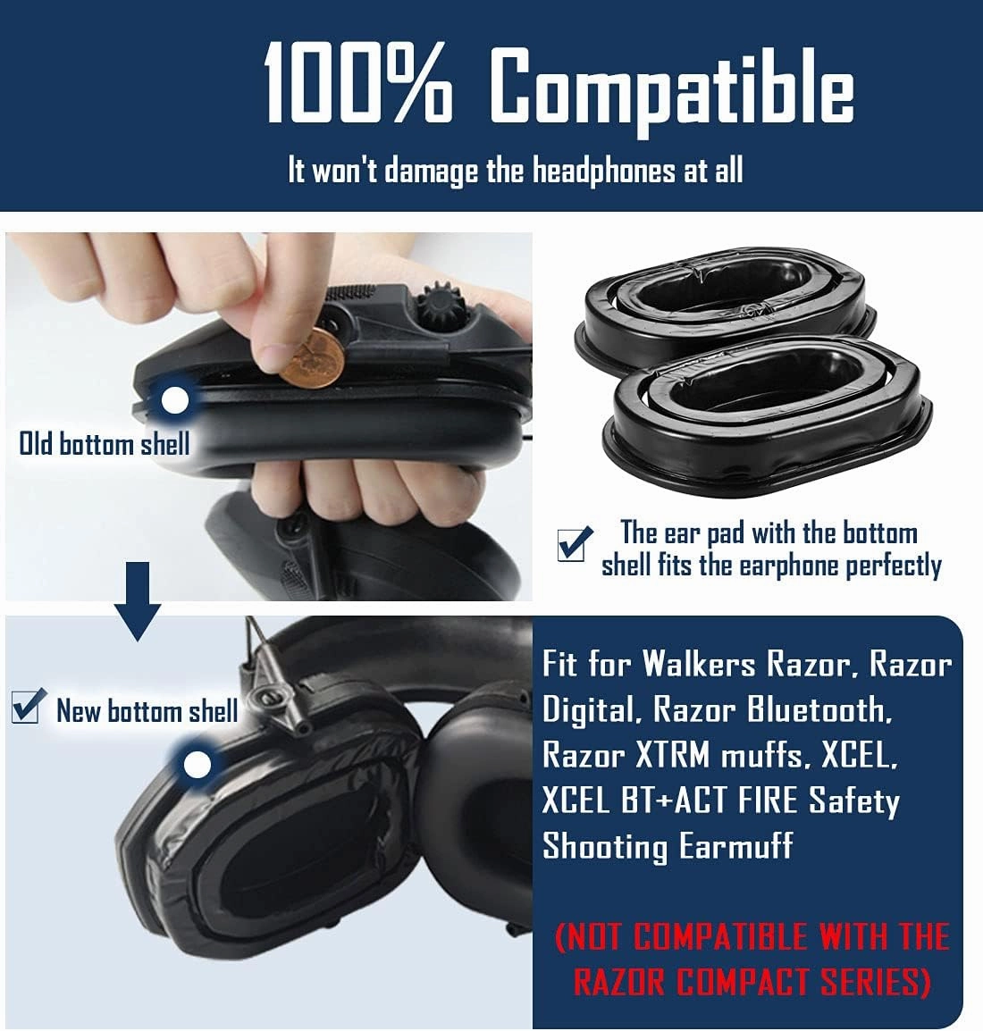 PROHEAR GEP03 Upgraded Gel Ear Pads for Walker's Razor Earmuffs, Comfortable and Soft Replacement Gel Ear Cups with Sealed Bottom Shell