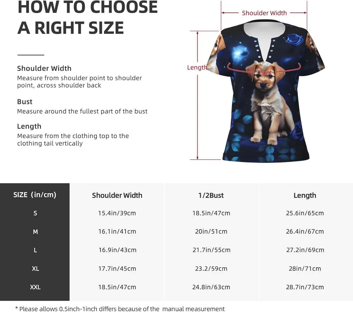 Puppy Blue Rose Pattern Sexy V-Neck Printed Short T-Shirt, Travel Portable Fitness Clothes, Home and Outdoor wear