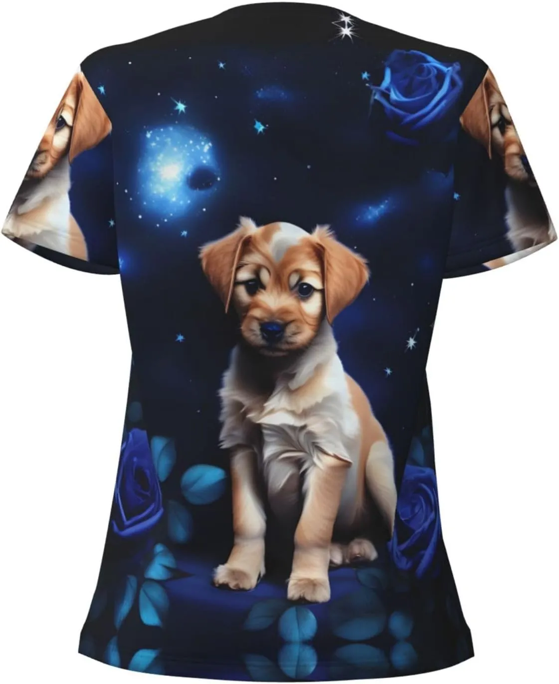 Puppy Blue Rose Pattern Sexy V-Neck Printed Short T-Shirt, Travel Portable Fitness Clothes, Home and Outdoor wear