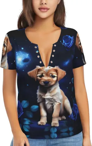 Puppy Blue Rose Pattern Sexy V-Neck Printed Short T-Shirt, Travel Portable Fitness Clothes, Home and Outdoor wear