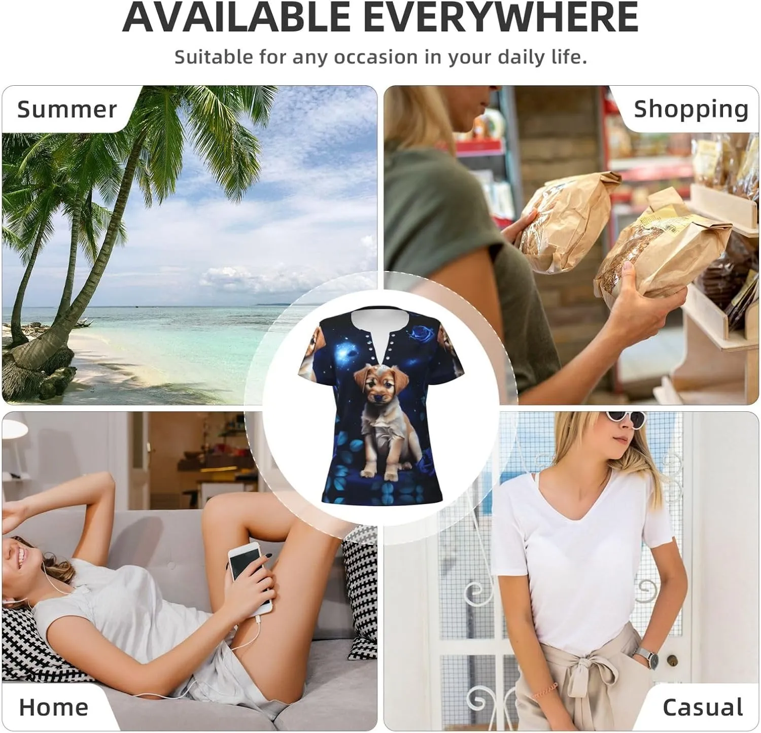 Puppy Blue Rose Pattern Sexy V-Neck Printed Short T-Shirt, Travel Portable Fitness Clothes, Home and Outdoor wear