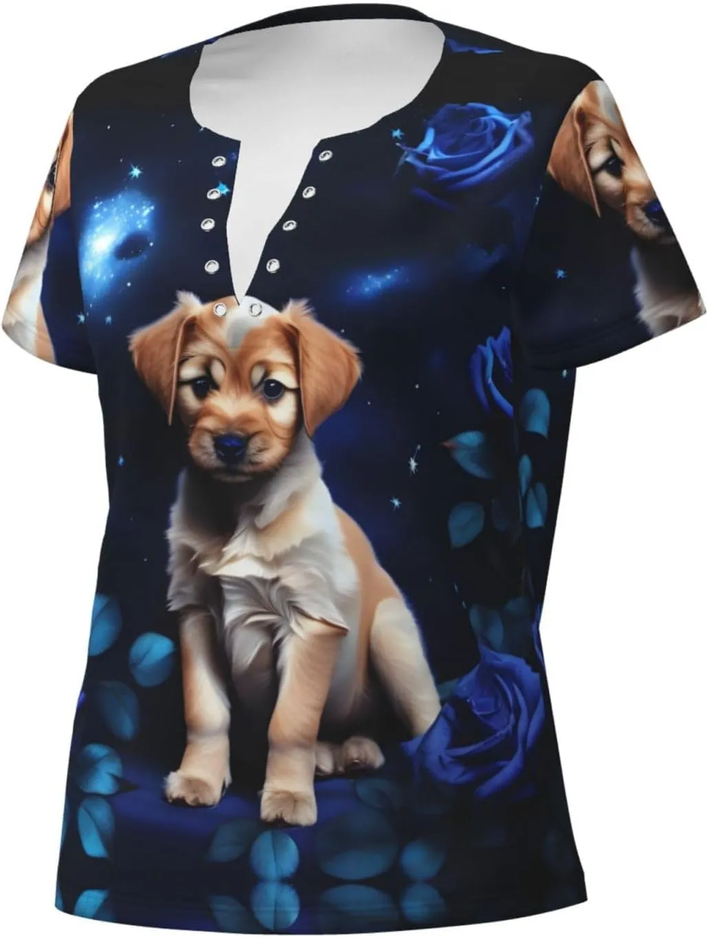 Puppy Blue Rose Pattern Sexy V-Neck Printed Short T-Shirt, Travel Portable Fitness Clothes, Home and Outdoor wear