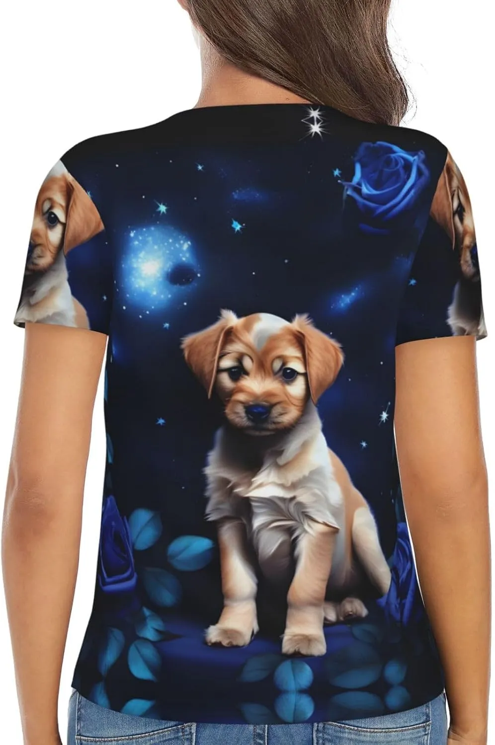 Puppy Blue Rose Pattern Sexy V-Neck Printed Short T-Shirt, Travel Portable Fitness Clothes, Home and Outdoor wear