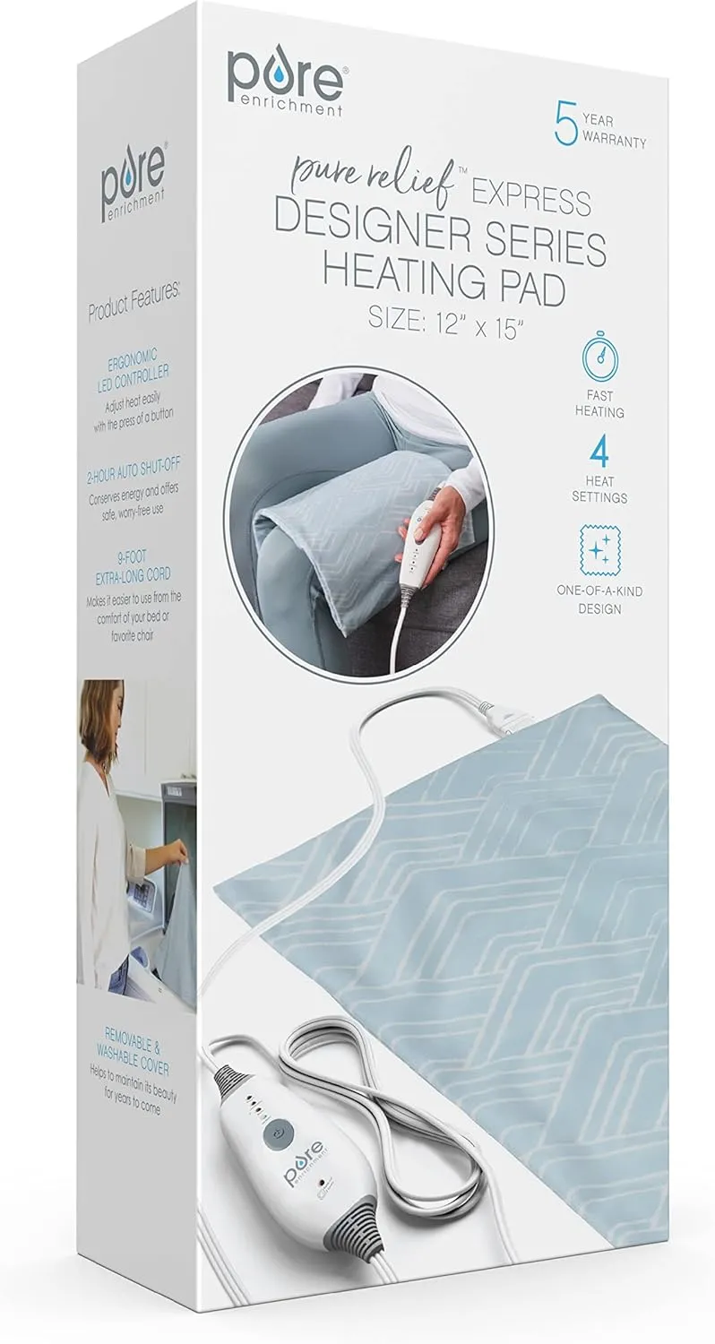 Pure Enrichment PureRelief Express Designer Series Electric Heating Pad - 12” x 15” Fast-Heating with 4 Heat Settings, Machine-Washable Fabric, & 2-Hour Auto Safety Shut-Off - Cerulean Diamond