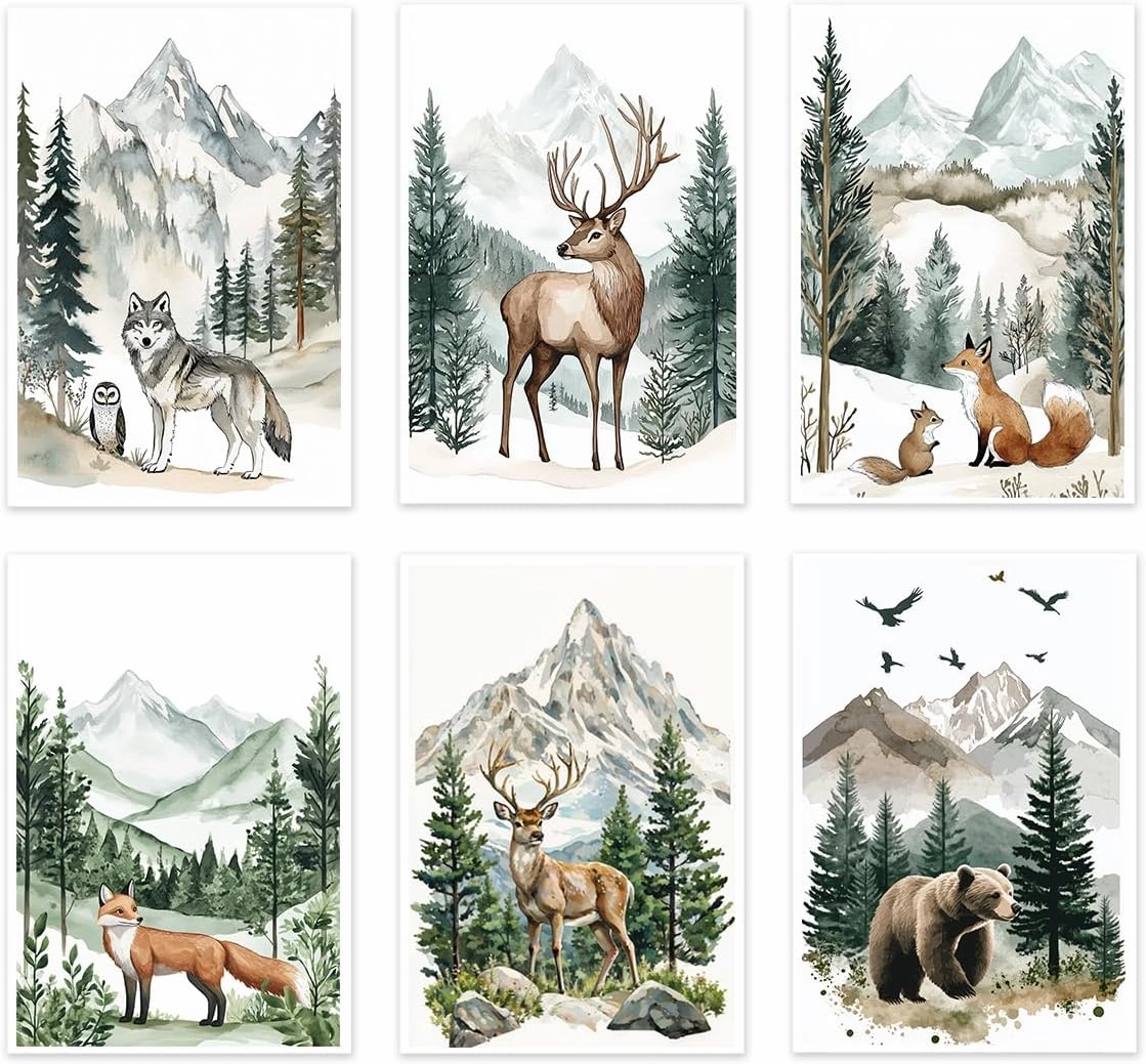 QLMDYJSW Woodland Animal Canvas Wall Art Nursery Wall Decor Set of 6 Wild Animals Forest Poster Prints Jungle Wildlife Picture Adventure Theme Kids Room Decor Unframed (Green,8.00" x 12.00" x 6PCS)