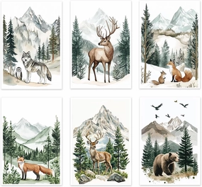QLMDYJSW Woodland Animal Canvas Wall Art Nursery Wall Decor Set of 6 Wild Animals Forest Poster Prints Jungle Wildlife Picture Adventure Theme Kids Room Decor Unframed (Green,8.00" x 12.00" x 6PCS)