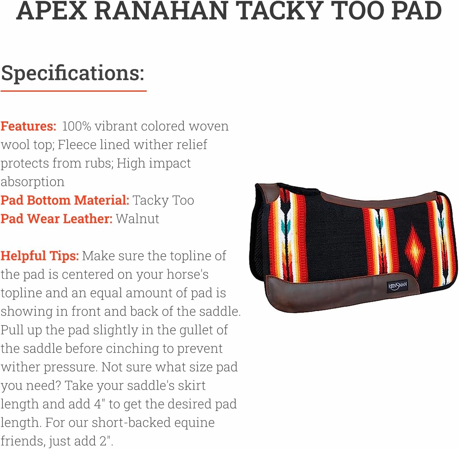 Reinsman APEX Ranahan Tacky Too Soft Breathable Non-Slip Shock-Absorbing Fleece-Lined Moisture-Wicking Contoured Back Protection Horse Riding Saddle Pad