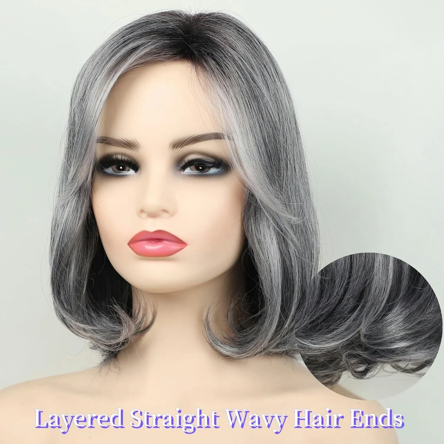 RENERSHOW Ombre Grey Short Bob Natural Straight Hair Wig with Curtain Bangs Mix Gray Heat Synthetic Wig Salt N Pepper Wigs for Women