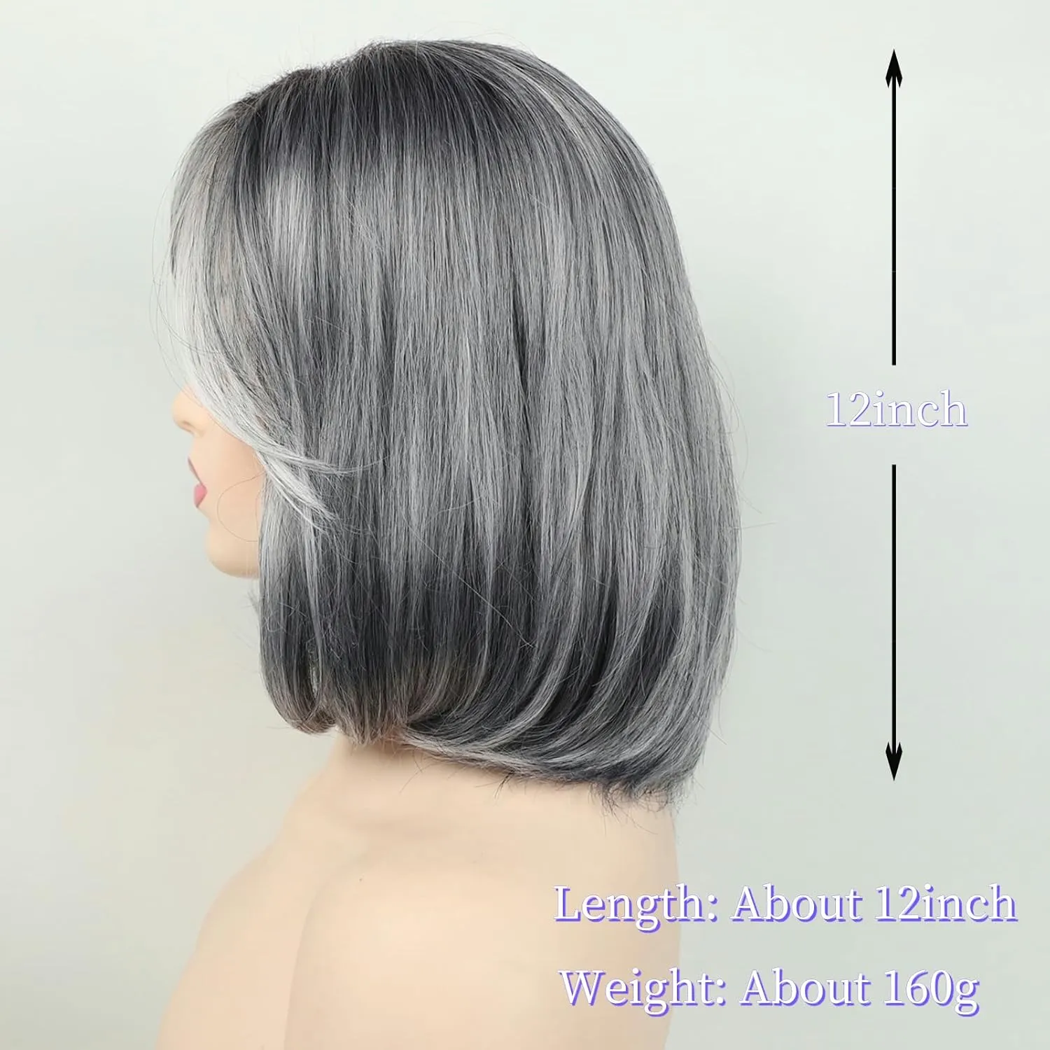 RENERSHOW Ombre Grey Short Bob Natural Straight Hair Wig with Curtain Bangs Mix Gray Heat Synthetic Wig Salt N Pepper Wigs for Women