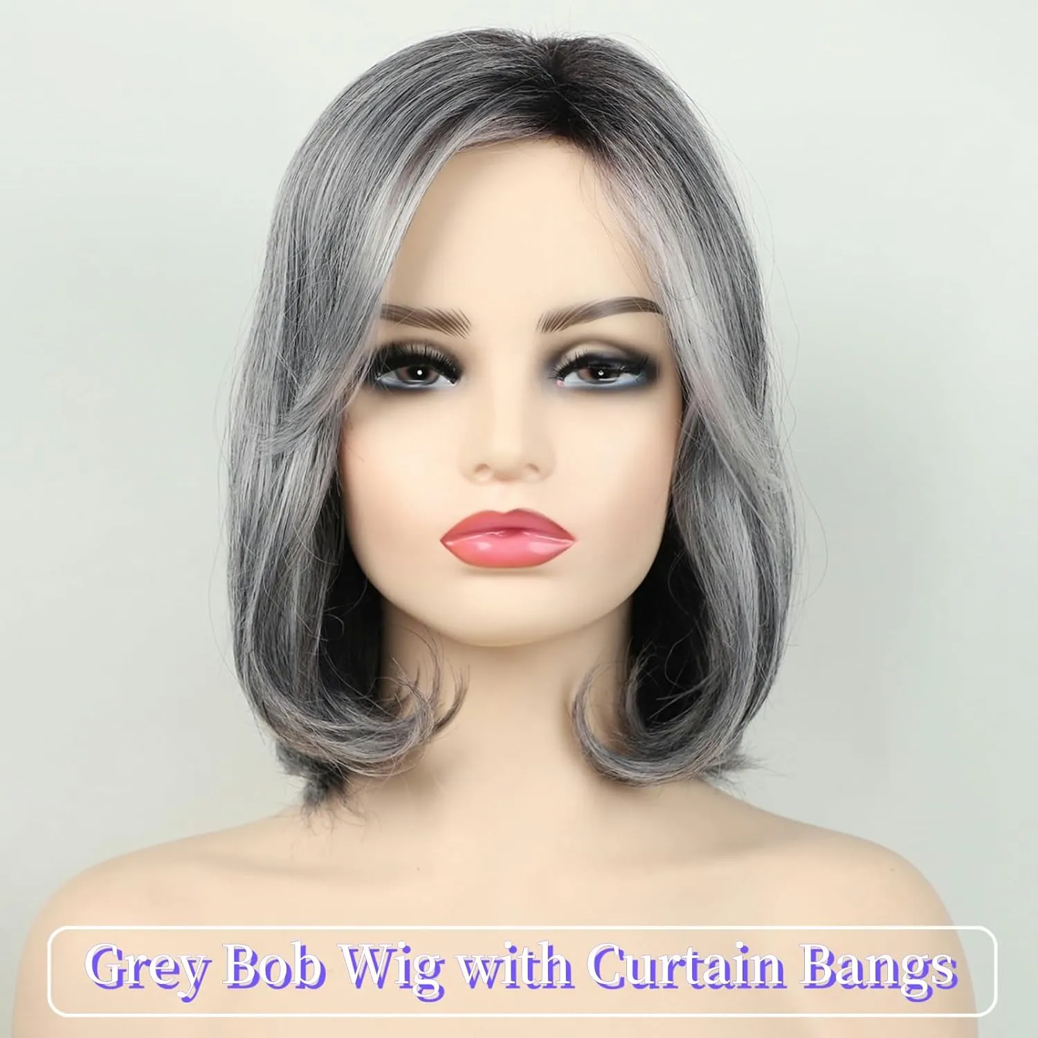 RENERSHOW Ombre Grey Short Bob Natural Straight Hair Wig with Curtain Bangs Mix Gray Heat Synthetic Wig Salt N Pepper Wigs for Women