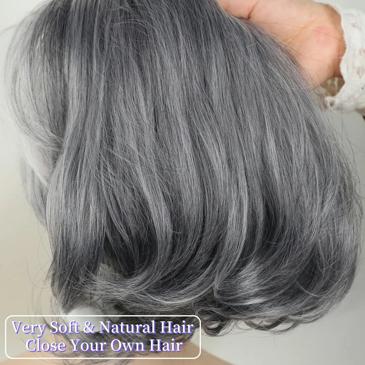 RENERSHOW Ombre Grey Short Bob Natural Straight Hair Wig with Curtain Bangs Mix Gray Heat Synthetic Wig Salt N Pepper Wigs for Women