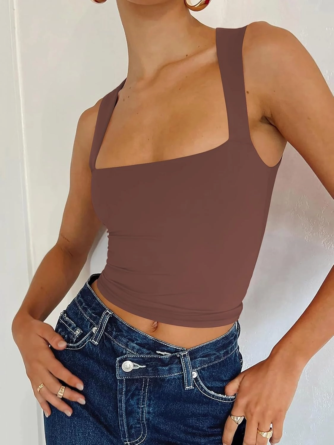 REORIA Butsmooth® Women's Square Neck Going Out Crop Tops Double Lined Cute Basic Tank Tops 2025 Clothes