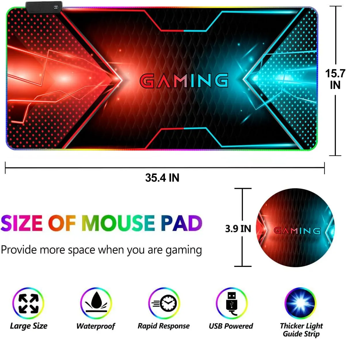 RGB Gaming Mouse Pad, DINKY Large Extended Soft Led Mouse Pad with 14 Lighting Modes, Water Resist Keyboard Pad, Computer Keyboard Mousepads Mat 35.4×15.8 inches-Cool Gaming