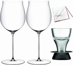 Riedel Supperleggero Burgundy Grand Cru 2 Glasses Bundle with Waring Pro Wine Aerator and Riedel Large Microfiber Polishing Cloth (4 Items)