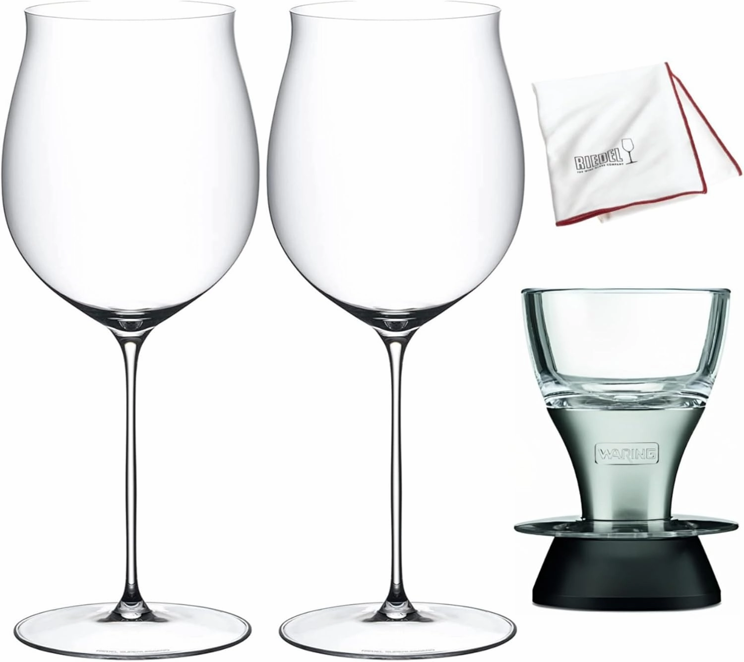 Riedel Supperleggero Burgundy Grand Cru 2 Glasses Bundle with Waring Pro Wine Aerator and Riedel Large Microfiber Polishing Cloth (4 Items)