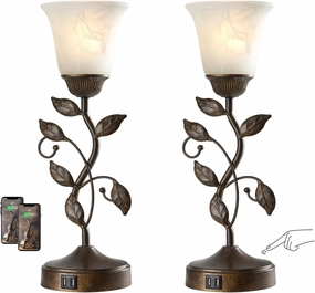 RORIANO Set of 2 Touch Farmhouse Bedroom Table Lamps, Nightstand Vintage Flower Lamps with 2 USB Ports, 3 Way Dimmable Leaf Lamp for Living Room with White Glass Shades, Bulbs Included