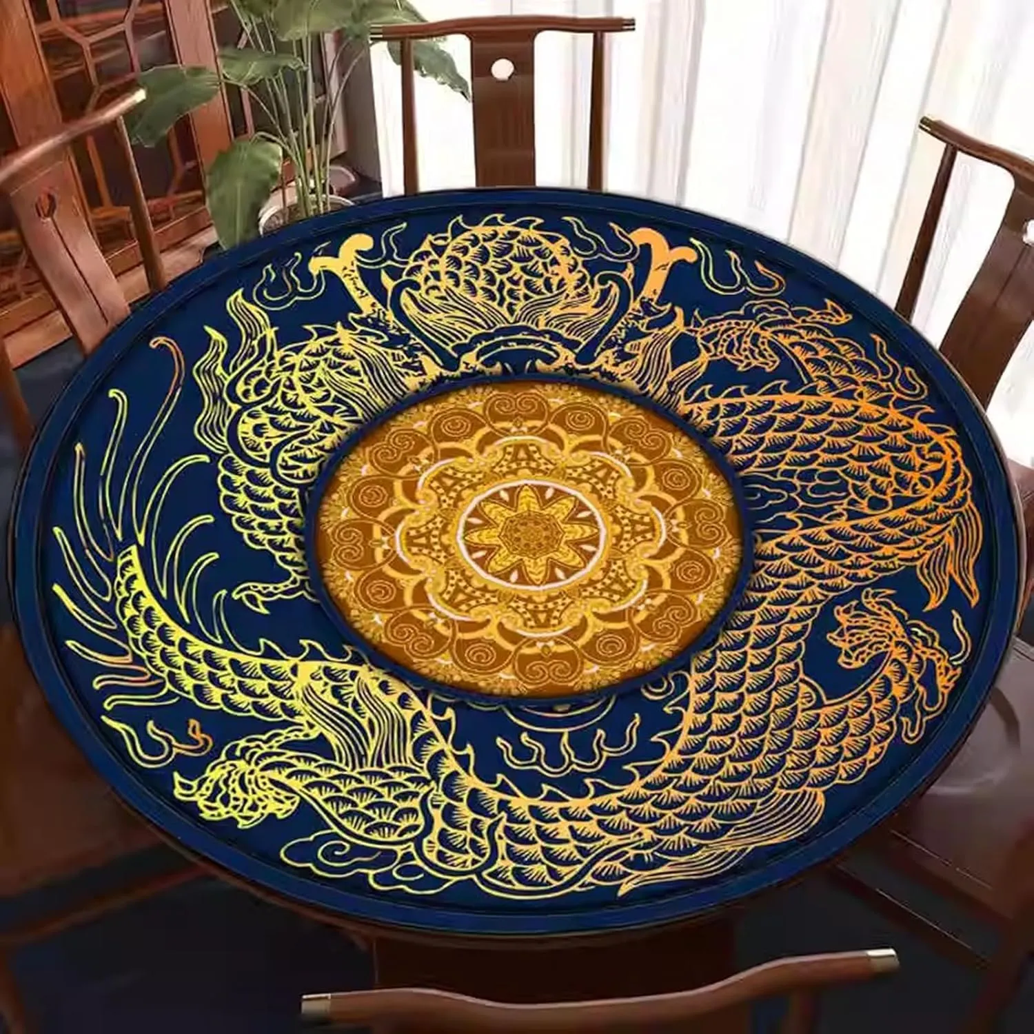 Round Velvet Mahjong Table mat Anti Slip Noise Reduction, Dragon Print Decorative Table mat, Board Card Tile Game mat with Storage Bag(Blue,23.62x23.62in)
