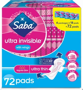 Saba Ultra Invisible Ultra Thin Regular Flow Pads with Wings and SecureFit Technology | Soft Feminine Pads for Women | Designed for Daily Feminine Care | 72 Pads (4 Packages, 18 Pads Each)