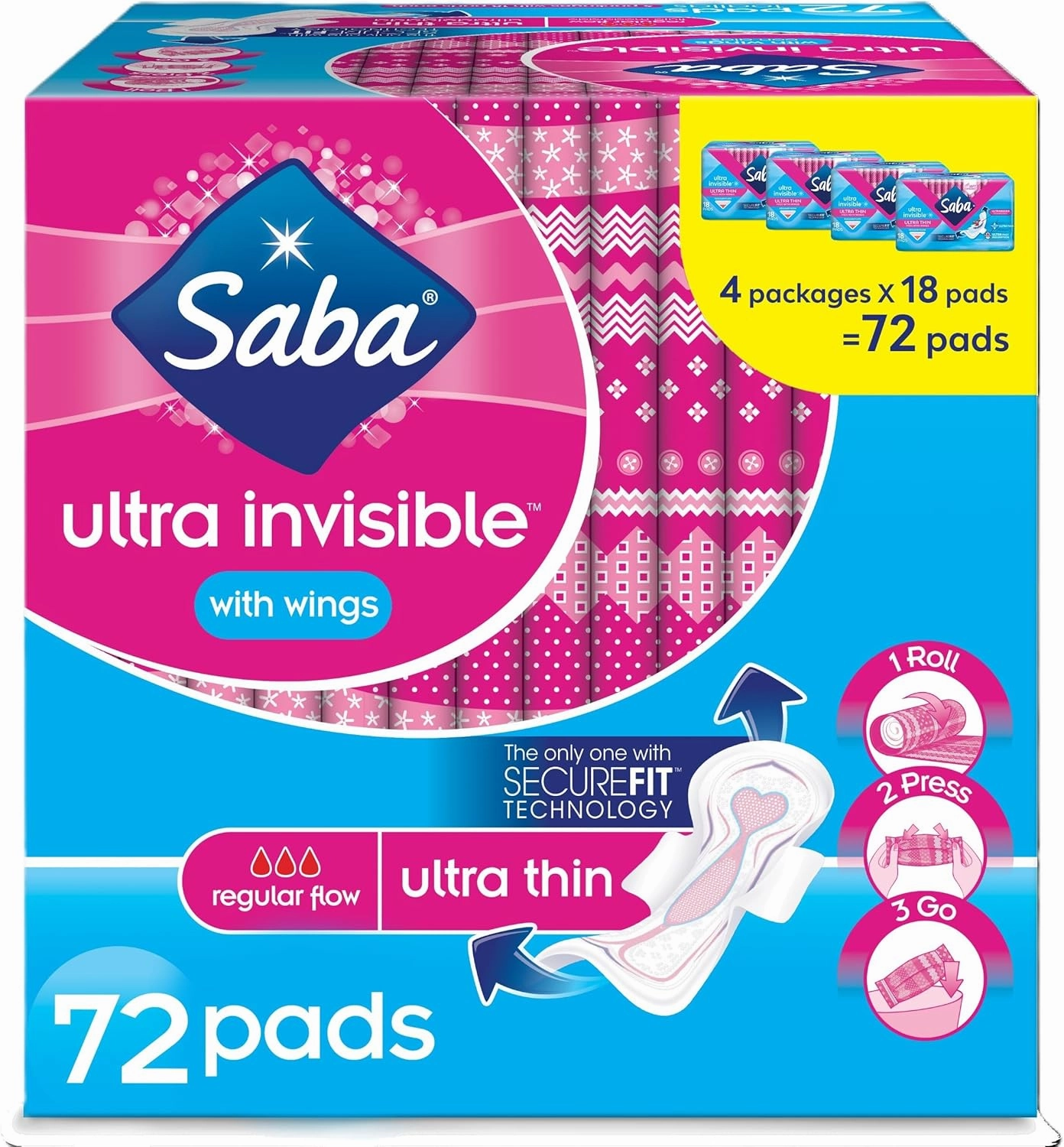 Saba Ultra Invisible Ultra Thin Regular Flow Pads with Wings and SecureFit Technology | Soft Feminine Pads for Women | Designed for Daily Feminine Care | 72 Pads (4 Packages, 18 Pads Each)