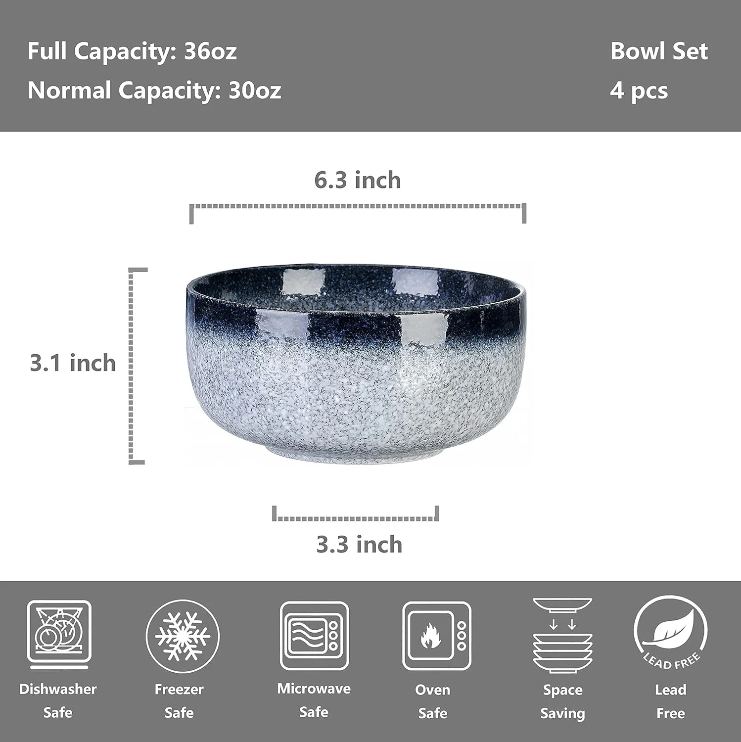 S&Q'S CERAMICS Cereal Bowls - 36 Ounce, Japanese Noodle Bowl Set, Ceramic Bowls for Kitchen, Breakfast, Oatmeal, Microwave and Dishwasher Safe, [Set of 4], Dark Blue