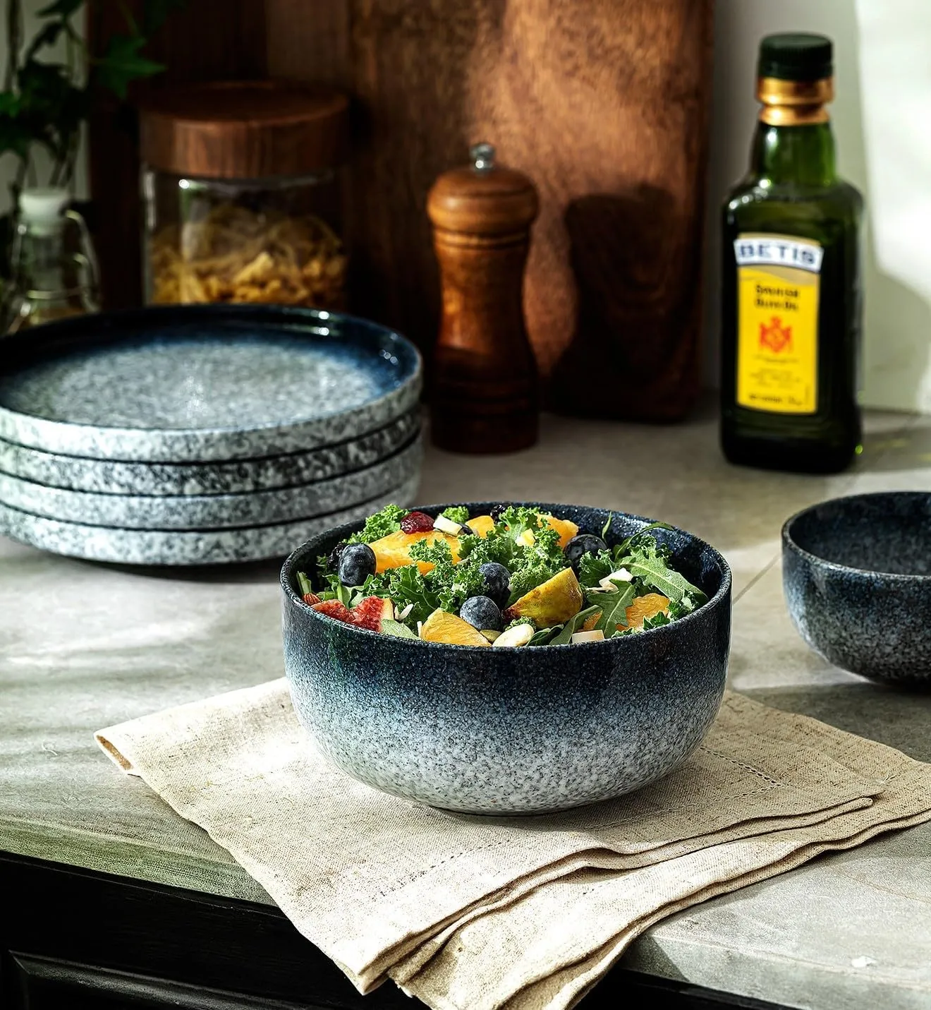 S&Q'S CERAMICS Cereal Bowls - 36 Ounce, Japanese Noodle Bowl Set, Ceramic Bowls for Kitchen, Breakfast, Oatmeal, Microwave and Dishwasher Safe, [Set of 4], Dark Blue