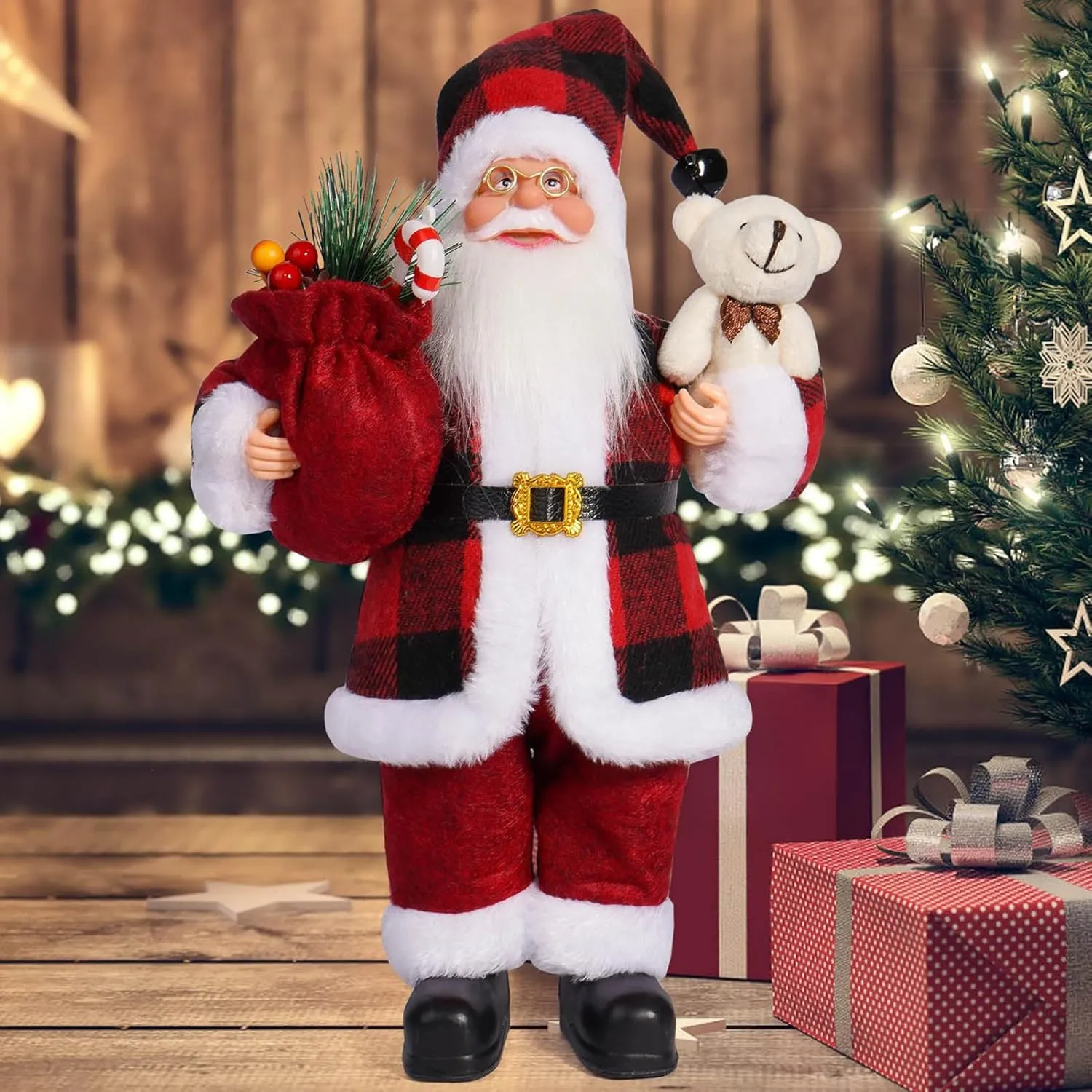 Santa Doll - 12 Santa Claus Decorations, Standing Santa Claus Figure Christmas Figurine Ornaments with Gifts Bag for New Year Christmas Holiday Party Home Decoration (D)