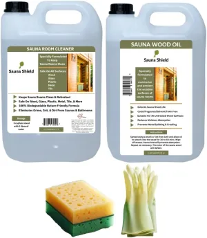 Sauna Wood Care Set: Sauna Wood Oil & Sauna Wood/Room Cleaner (1.32 Gallons Each) with Sponge Applicator & Gloves