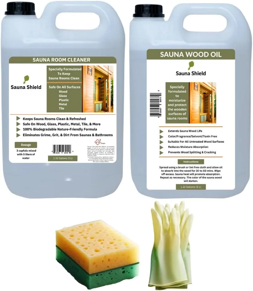 Sauna Wood Care Set: Sauna Wood Oil & Sauna Wood/Room Cleaner (1.32 Gallons Each) with Sponge Applicator & Gloves