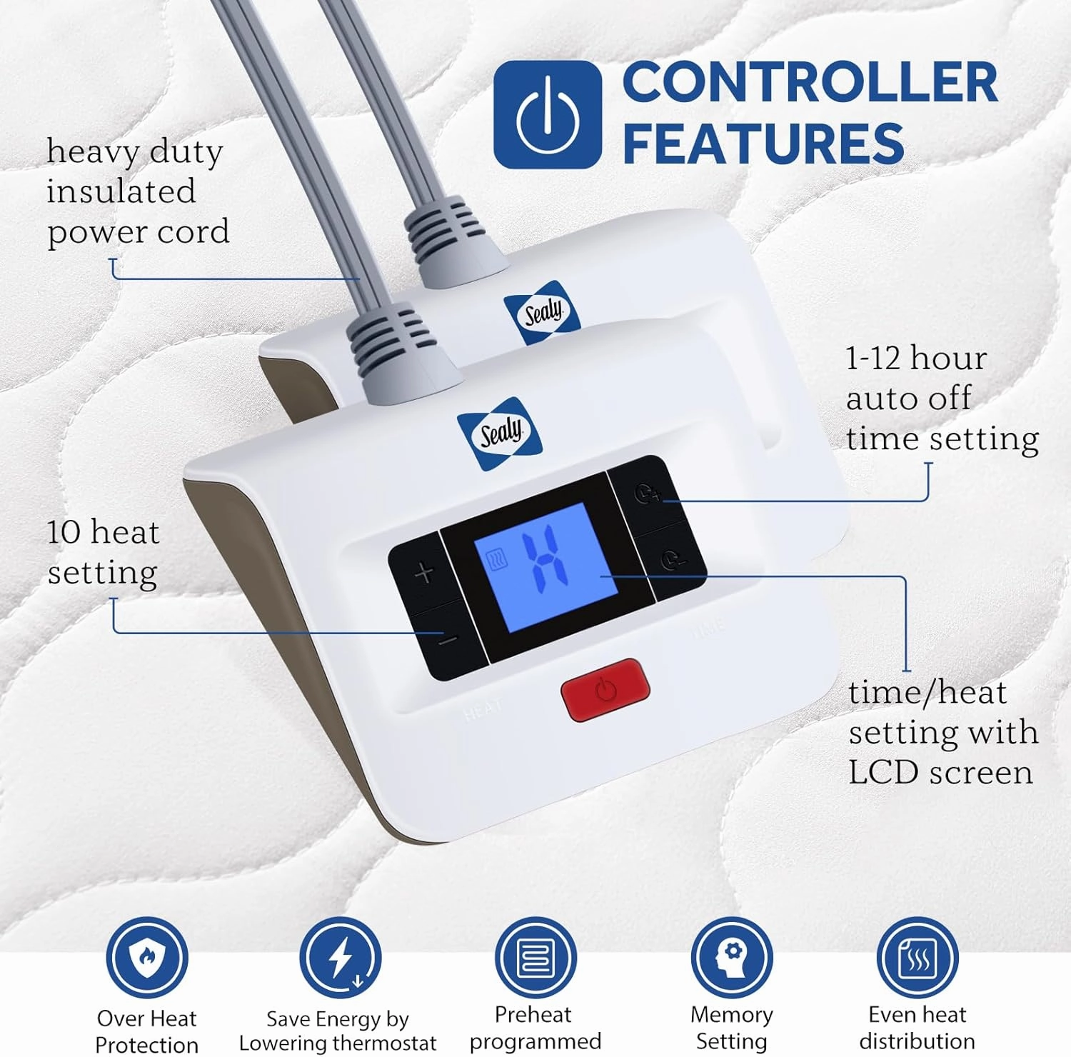 Sealy Heated Mattress Pad Cal King Size, Luxury Quilted Electric Bed Warmer with Dual Controller 10 Heat Settings & Auto Off 1-12 Hours | Fit Up to 17" Deep Pocket | ETL Certified | Machine Washable
