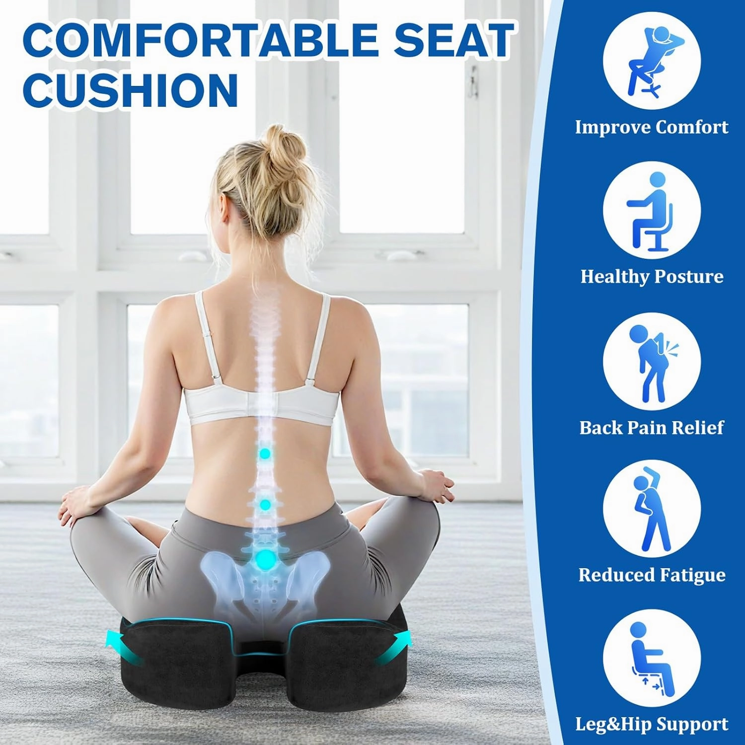 Seat Cushion, Chair Cushions, Office Chair Cushions, Anti-Slip Bottom & Removable Cover Tailbone Pain Relief Cushion, Memory Foam Seat Cushion for Office, Wheelchair, Car (Black)