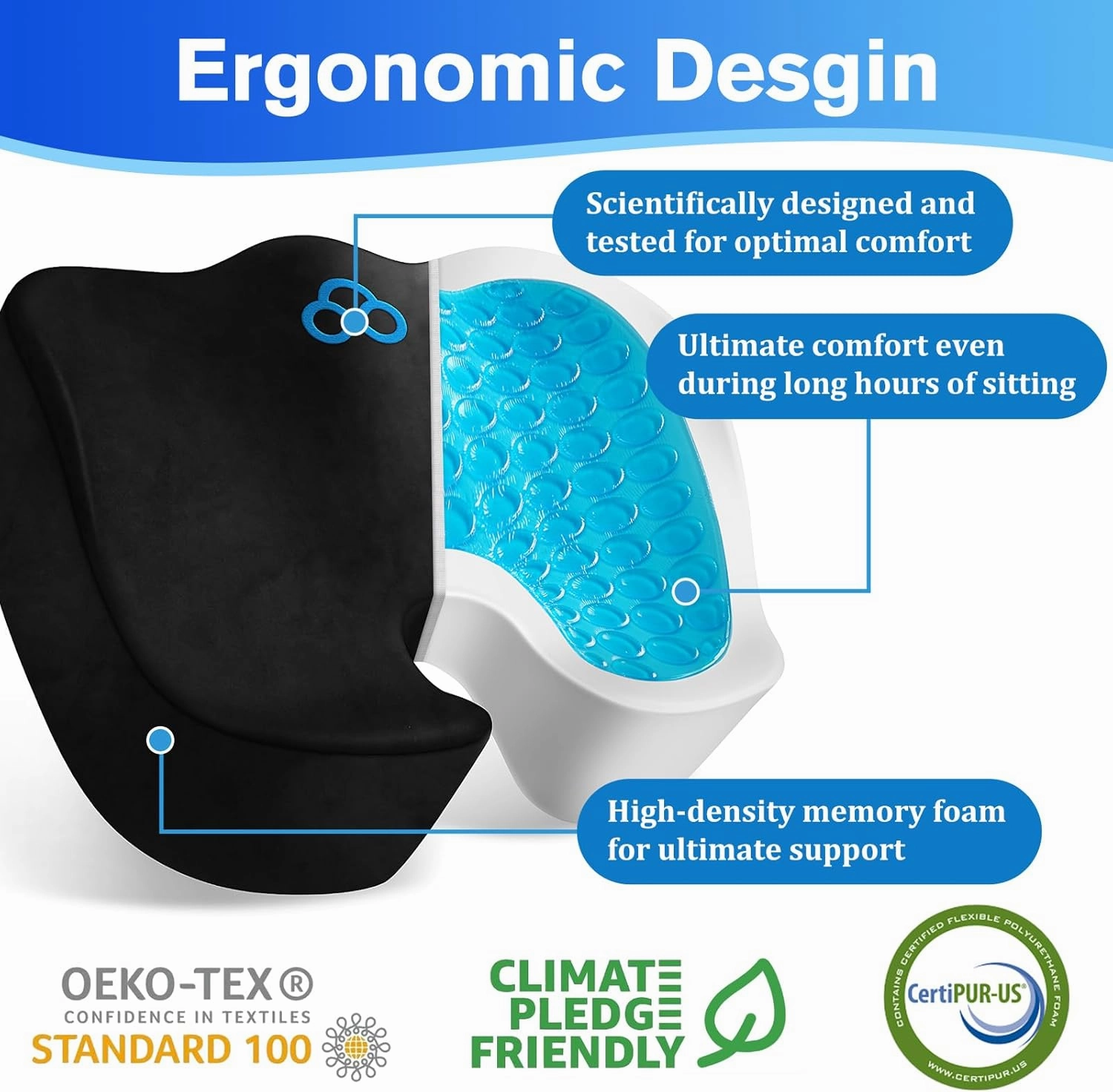 Seat Cushion, Chair Cushions, Office Chair Cushions, Anti-Slip Bottom & Removable Cover Tailbone Pain Relief Cushion, Memory Foam Seat Cushion for Office, Wheelchair, Car (Black)