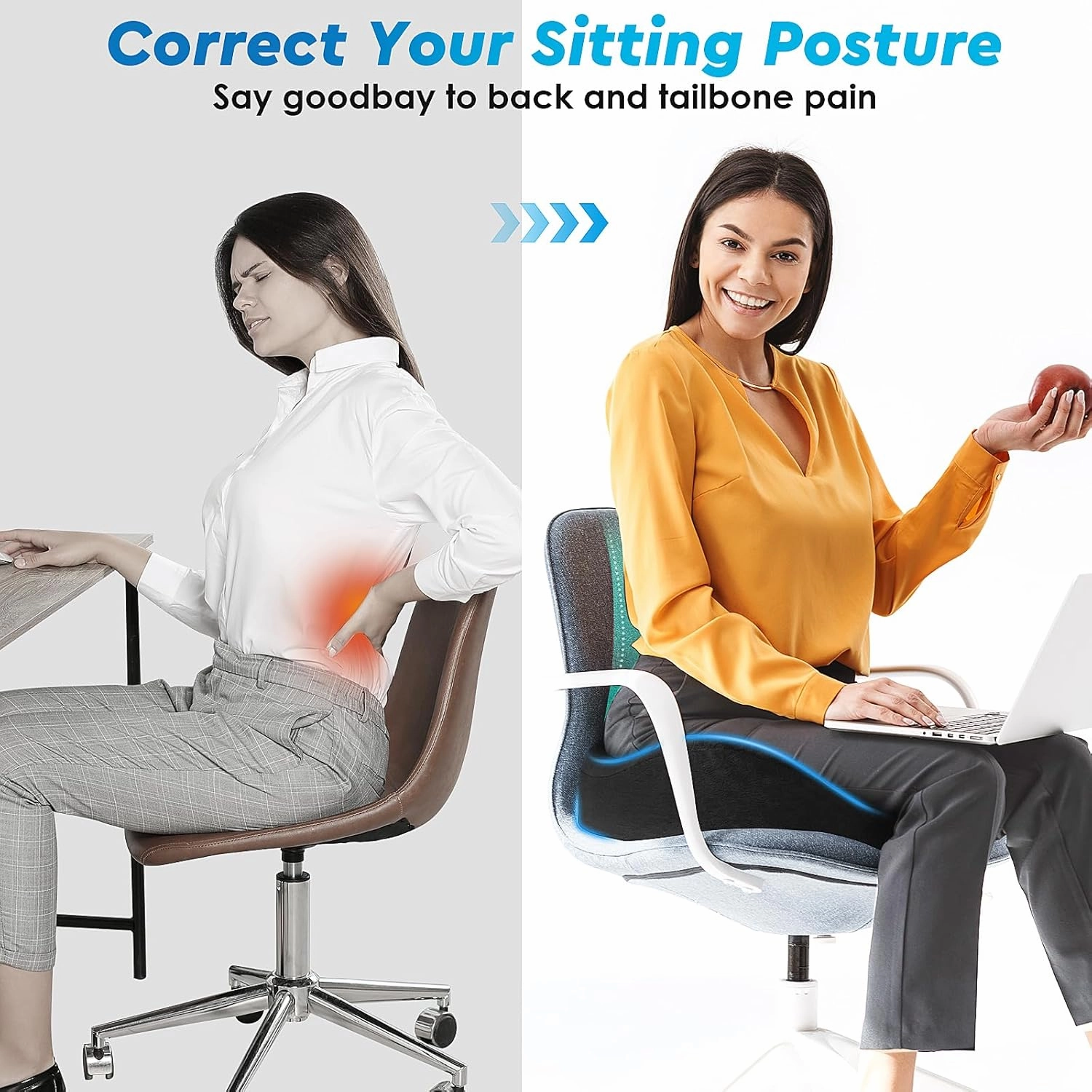 Seat Cushion, Chair Cushions, Office Chair Cushions, Anti-Slip Bottom & Removable Cover Tailbone Pain Relief Cushion, Memory Foam Seat Cushion for Office, Wheelchair, Car (Black)