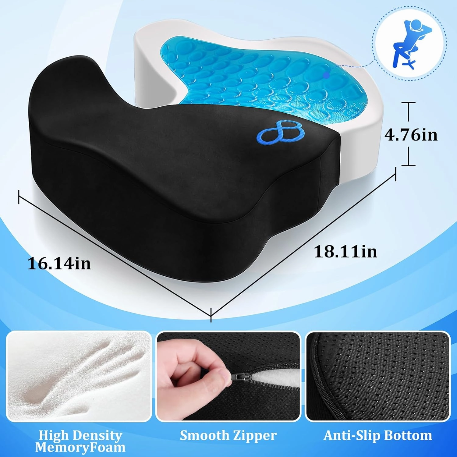 Seat Cushion, Chair Cushions, Office Chair Cushions, Anti-Slip Bottom & Removable Cover Tailbone Pain Relief Cushion, Memory Foam Seat Cushion for Office, Wheelchair, Car (Black)