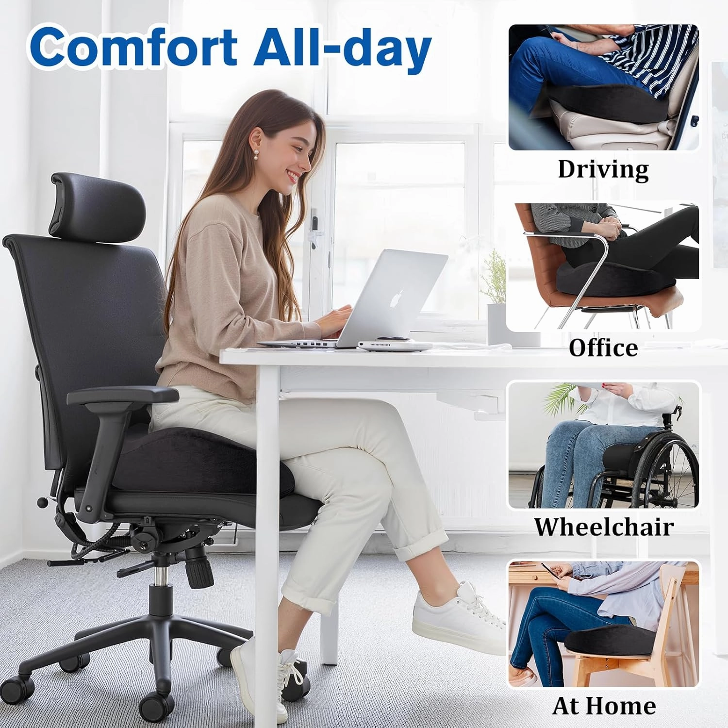 Seat Cushion, Chair Cushions, Office Chair Cushions, Anti-Slip Bottom & Removable Cover Tailbone Pain Relief Cushion, Memory Foam Seat Cushion for Office, Wheelchair, Car (Black)
