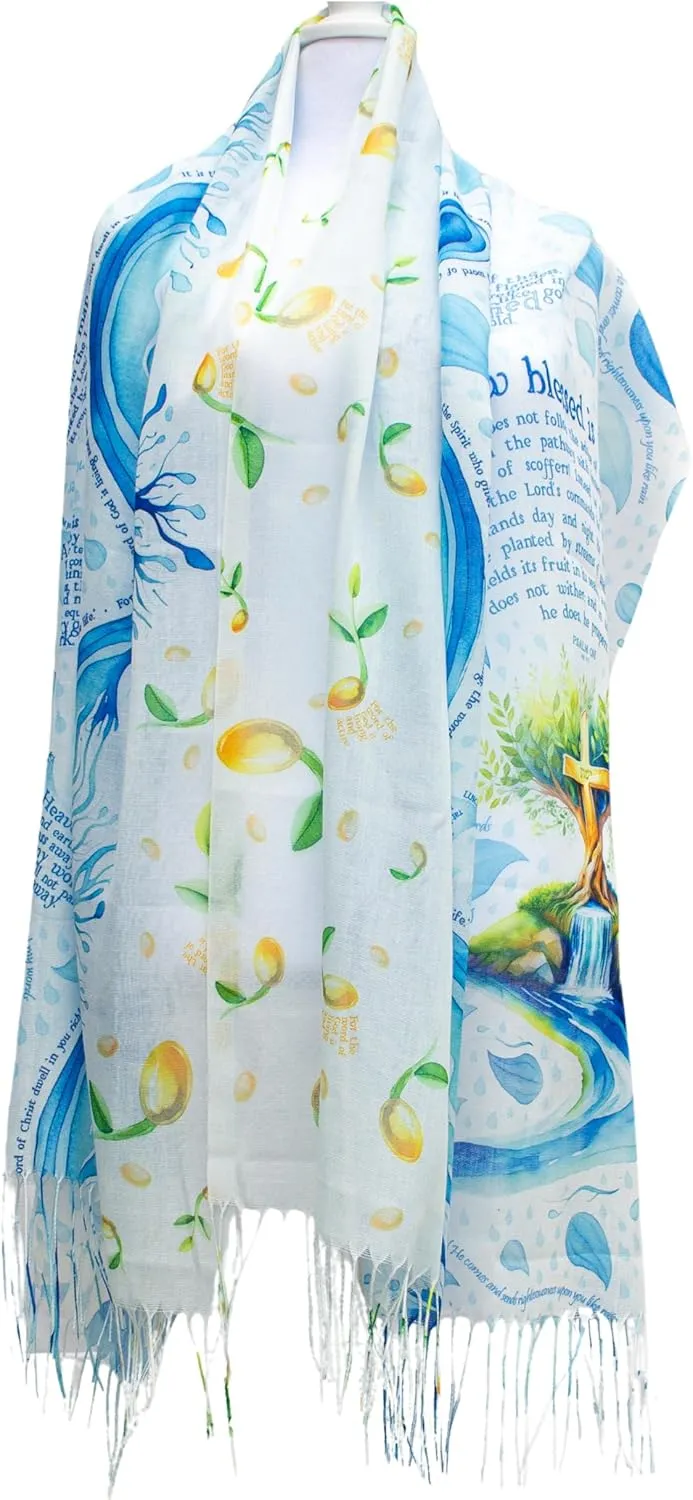 Seed of Life Prayer Scarf - Psalm 1 - Soft, Lightweight 28"x70" Christian Gift for Women, Bible Verse Shawl for Devotion
