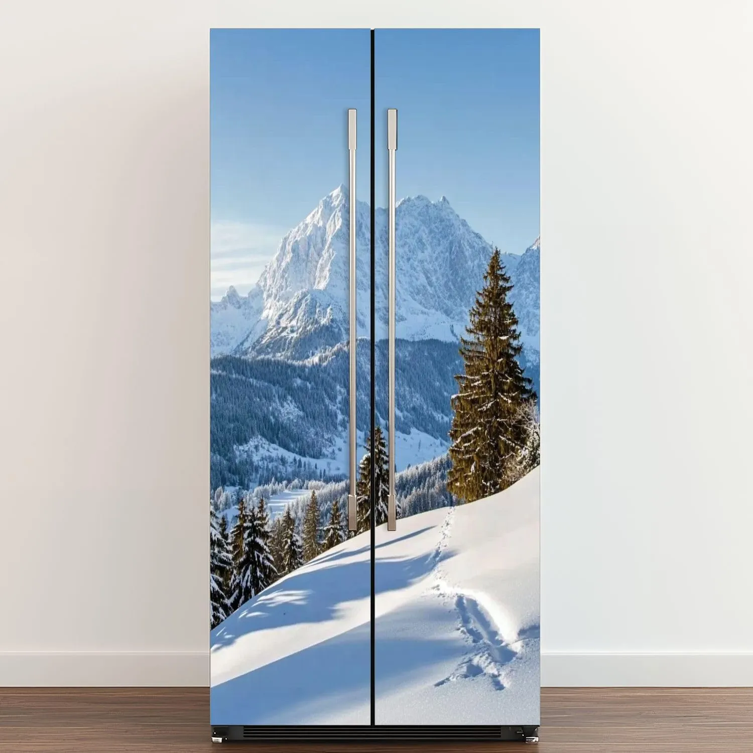 Self Adhesive Vinyl Refrigerator Wrap Beautiful Winter Mountain Landscape Snow Tracks to Alpine hut Door Mural Sticker Peel and Stick Removable Door Cover Fridge Wrap Decal for Kitchen Decor
