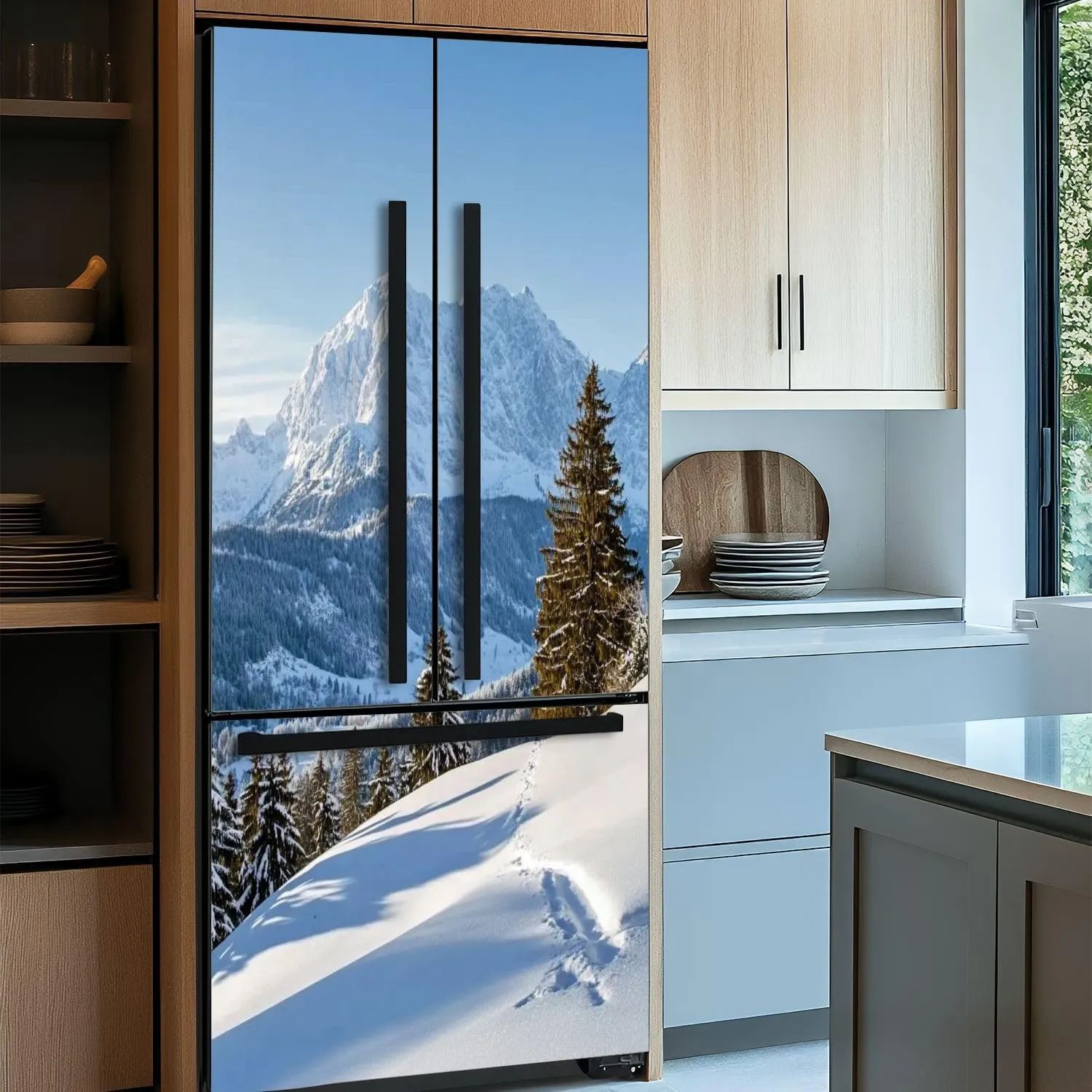 Self Adhesive Vinyl Refrigerator Wrap Beautiful Winter Mountain Landscape Snow Tracks to Alpine hut Door Mural Sticker Peel and Stick Removable Door Cover Fridge Wrap Decal for Kitchen Decor