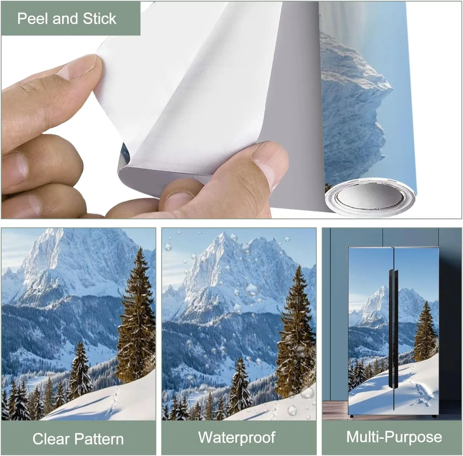 Self Adhesive Vinyl Refrigerator Wrap Beautiful Winter Mountain Landscape Snow Tracks to Alpine hut Door Mural Sticker Peel and Stick Removable Door Cover Fridge Wrap Decal for Kitchen Decor