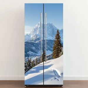 Self Adhesive Vinyl Refrigerator Wrap Beautiful Winter Mountain Landscape Snow Tracks to Alpine hut Door Mural Sticker Peel and Stick Removable Door Cover Fridge Wrap Decal for Kitchen Decor